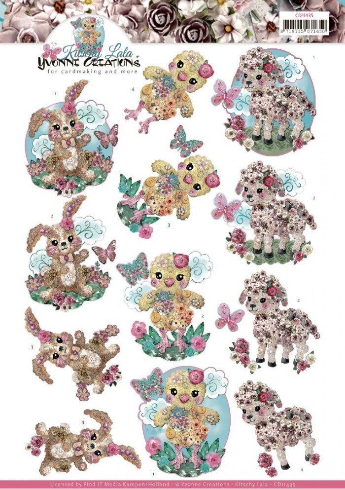Kitschy Baby Animals - Kitschy Lala Floral Pink - 3D-Knipvel van Yvonne Creations - Card Deco Color