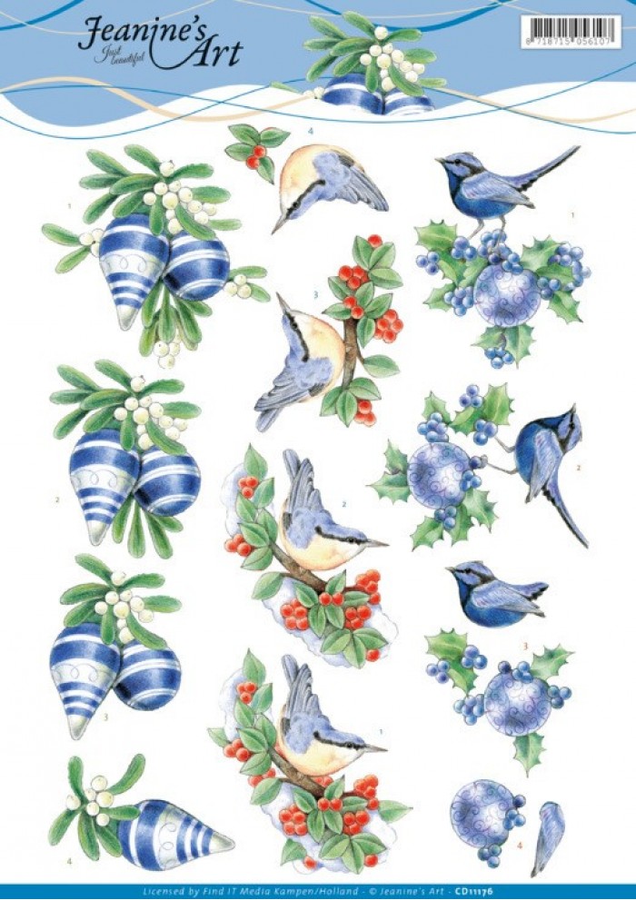 Blauwe vogels en kerstballen 3D-Knipvel van Jeanine's Art