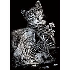 TABBY CAT AND  KITTEN Mini Silver Engraving