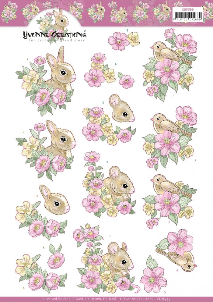 Pink flowers and Animals 3D Cutting Sheet by Yvonne Creations