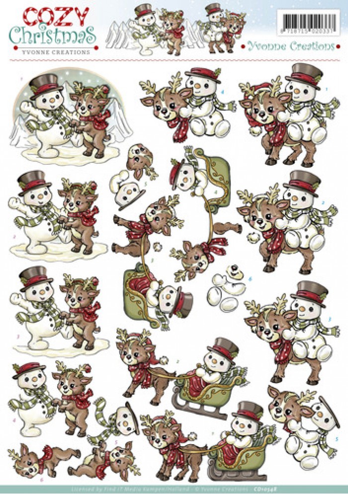 Snowman with reindeer - Cozy Christmas 3D-Knipvel Yvonne Creations