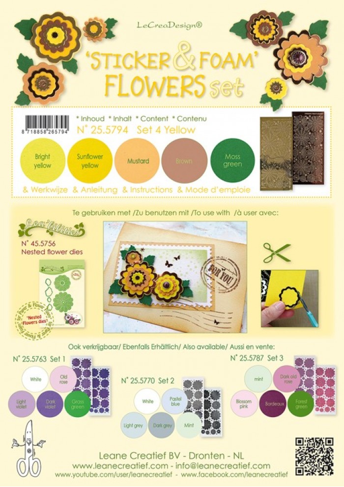 Sticker &  Foam Flowers Set 4, 5 sheets A4 0.8mm. yellow & 2 nested flower stickers  incl. instructi