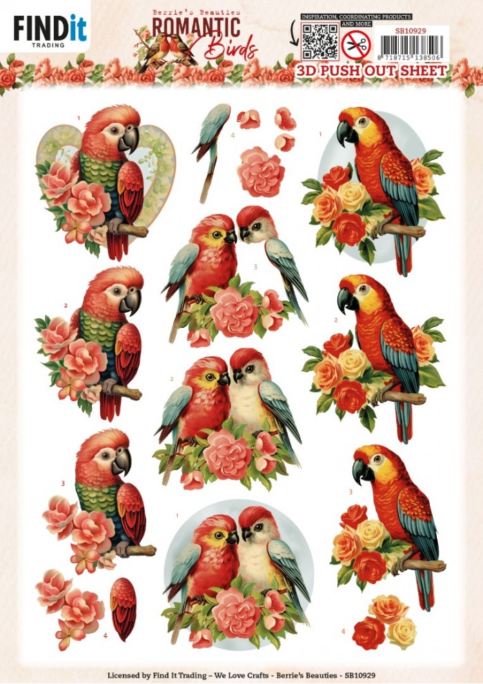 3D Push Out - Berries Beauties - Romantic Birds - Romantic Parrot