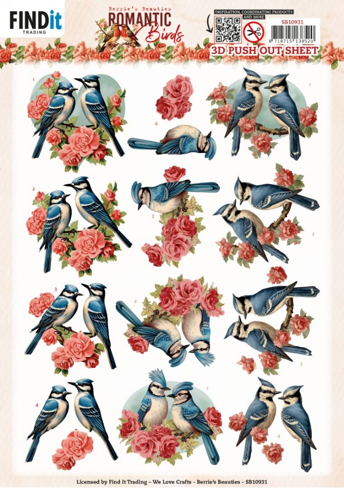 3D Push Out - Berries Beauties - Romantic Birds - Romantic Blue Jay