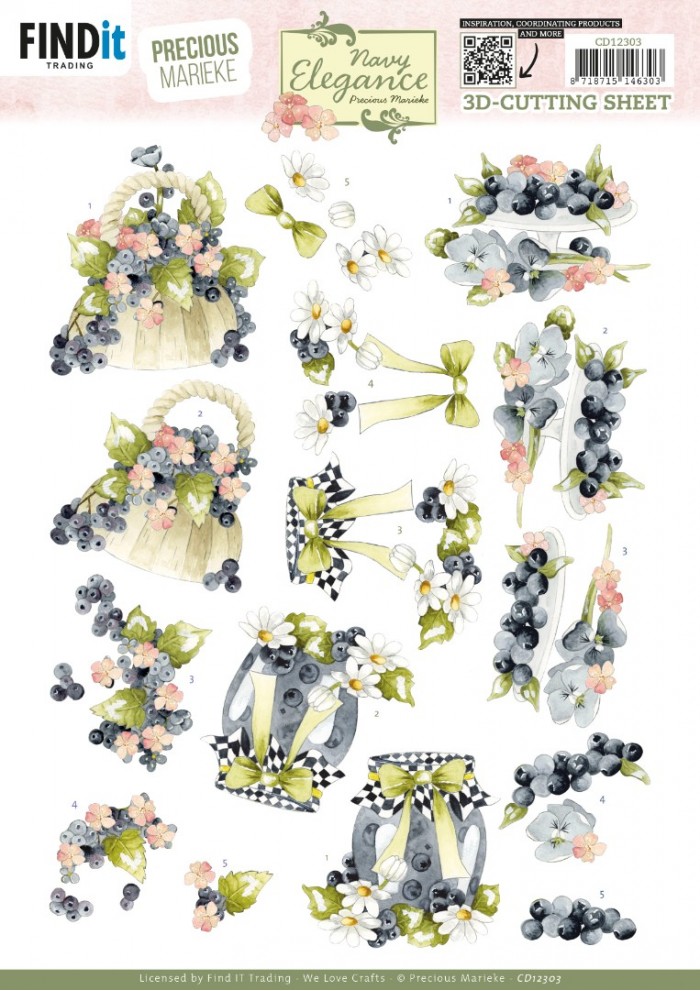3D Cutting Sheet - Precious Marieke- Navy Elegance - Blueberries
