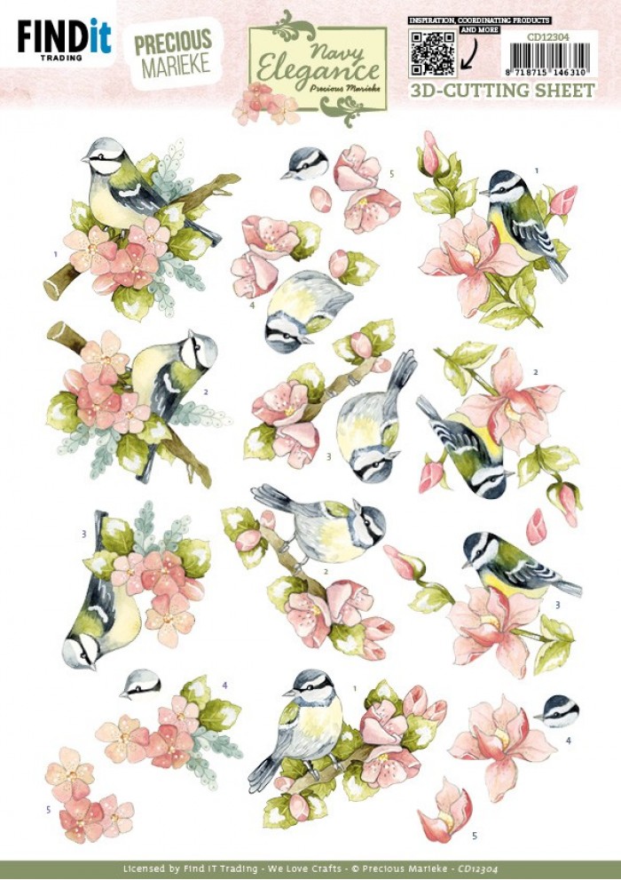3D Cutting Sheet - Precious Marieke- Navy Elegance - Flower Bird