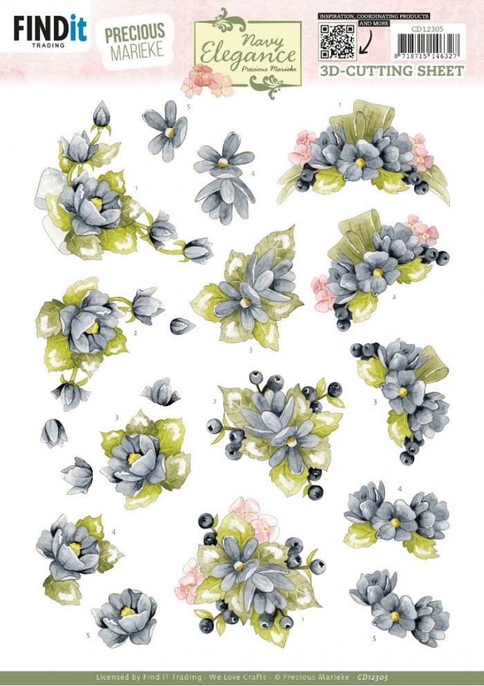 3D Cutting Sheet - Precious Marieke- Navy Elegance - Blue Flowers