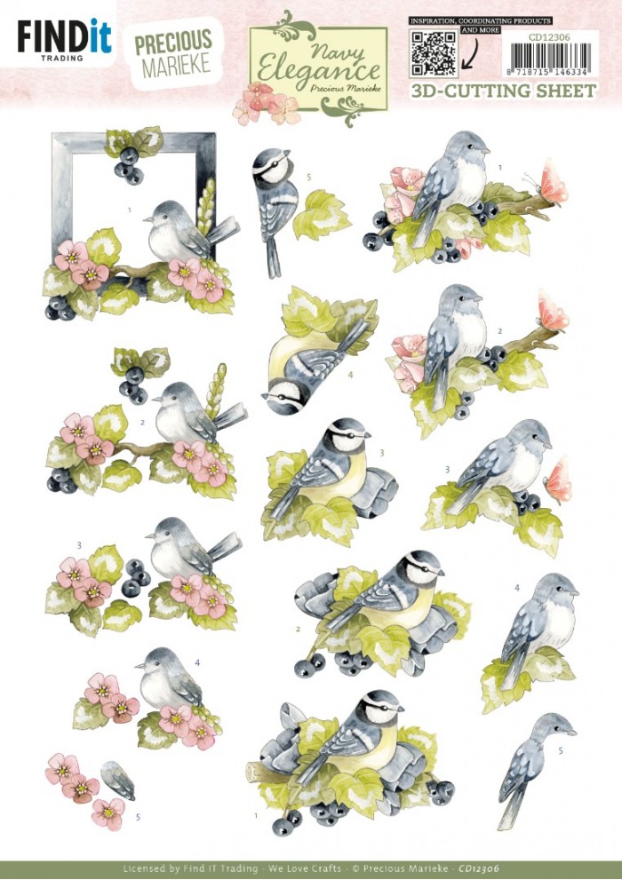 3D Cutting Sheet - Precious Marieke- Navy Elegance - Blue Birds