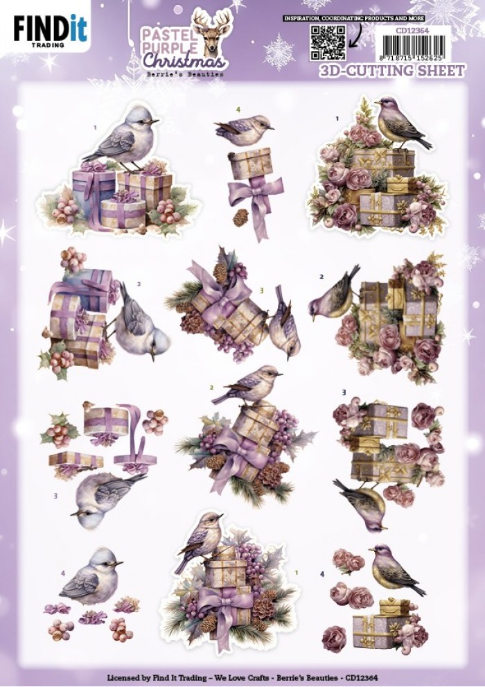 3D Cutting Sheet - Berries Beauties - Pastel Purple Christmas - Birds