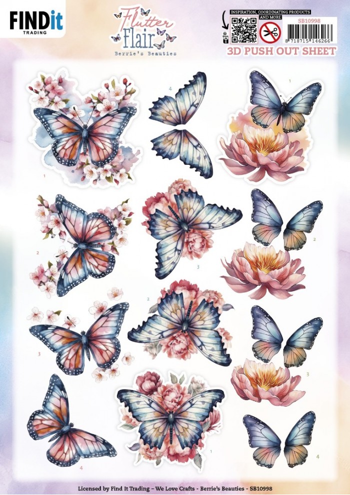 3D Push out Sheet - Berries Beauties - Flutter Flair - Pink Flutters