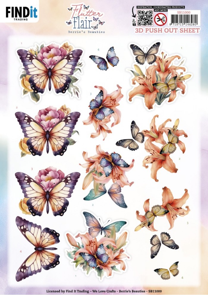 3D Push out Sheet - Berries Beauties - Flutter Flair - Orange Flutters