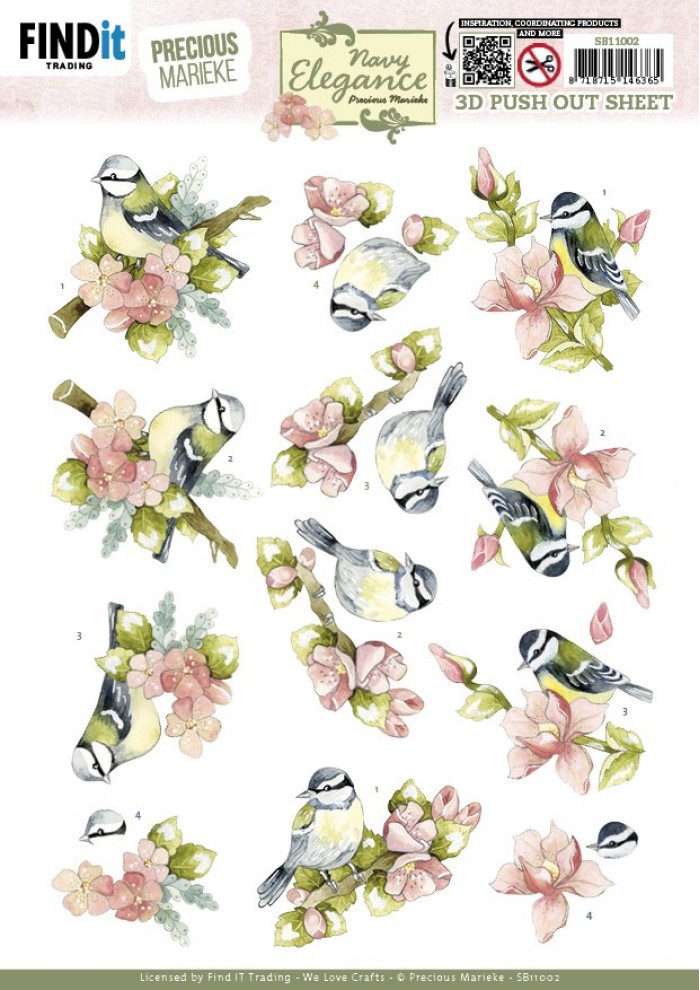 3D Pushout Sheet - Precious Marieke- Navy Elegance - Flower Bird