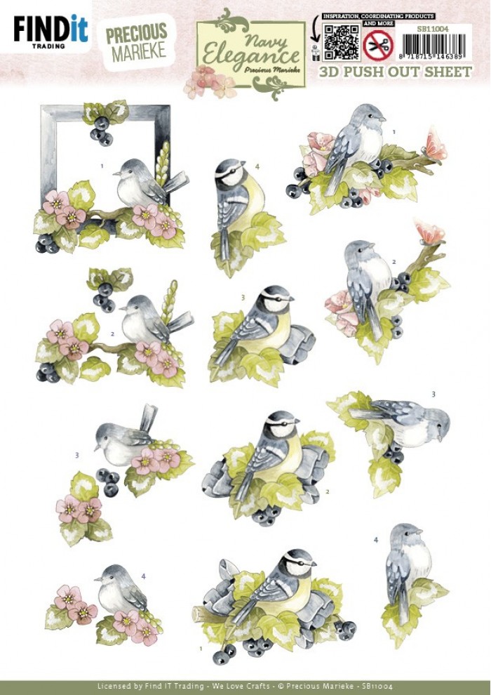 3D Pushout Sheet - Precious Marieke- Navy Elegance - Blue Birds