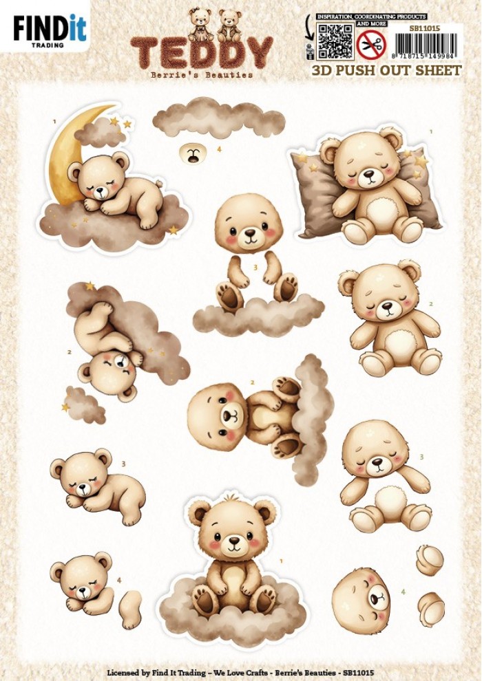 3D Push out Sheet - Berries Beauties - Teddy - Clouds