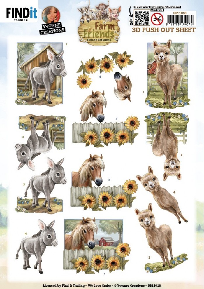 3D Push out Sheet - Yvonne Creations - Farm Friends - Donkey