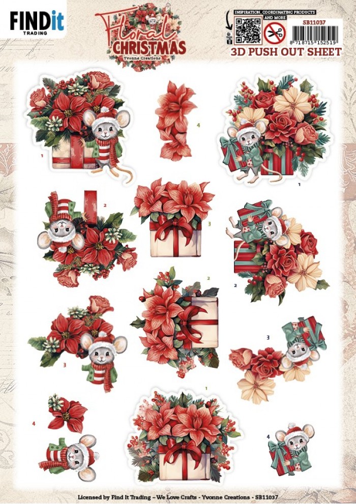 3D Pushout Sheet - Yvonne Ceations - Floral Christmas- Floral Presents