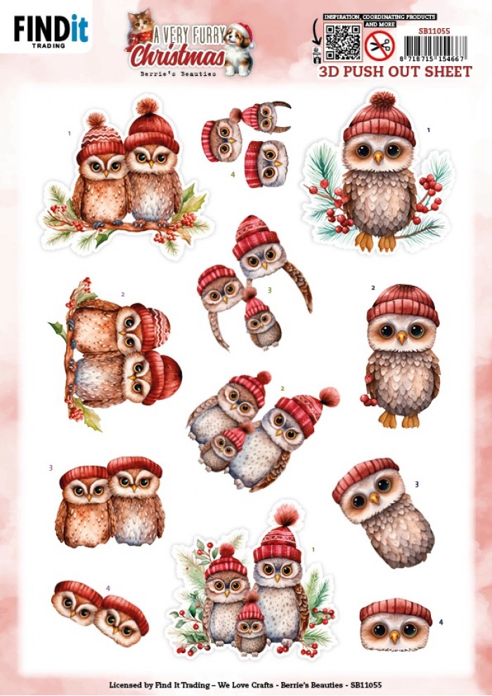 3D Pushout Sheet - Berries Beauties - A Very Furry Christmas - Owl