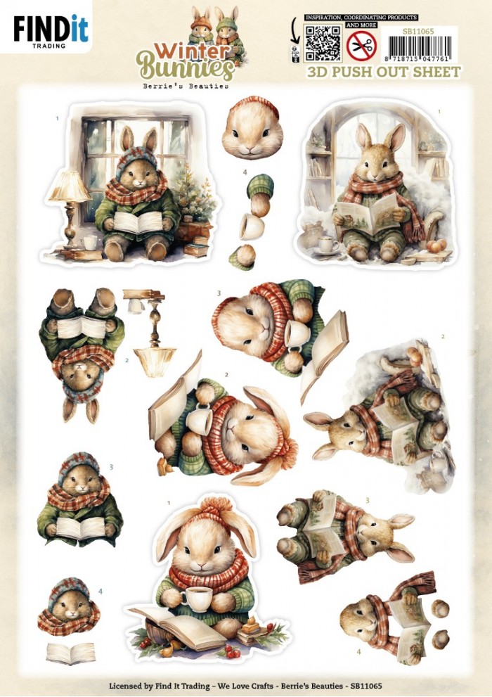 3D Pushout Sheet - Berries Beauties - Winter Bunnies - Reading Bunnies