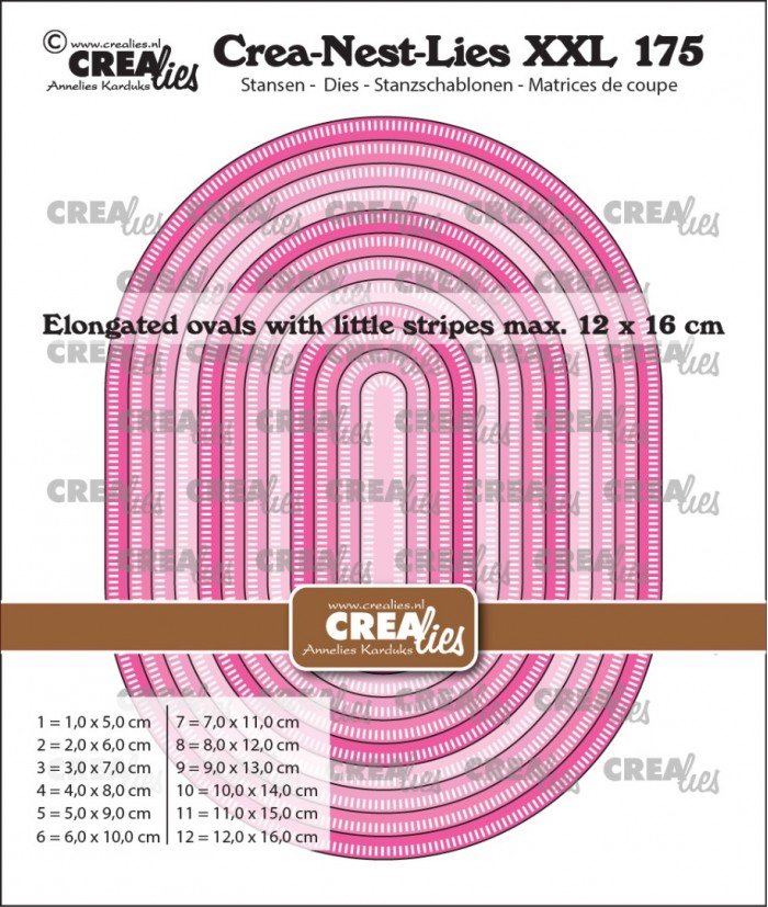 Crea-Nest-Lies XXL stansen no. 175, Uitgerekte ovalen met kleine streepjes.