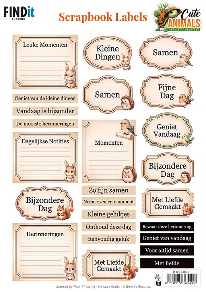 Berrie's Beauties Scrapbook Labels - Cute Animals - NL (gratis bij BC-02)