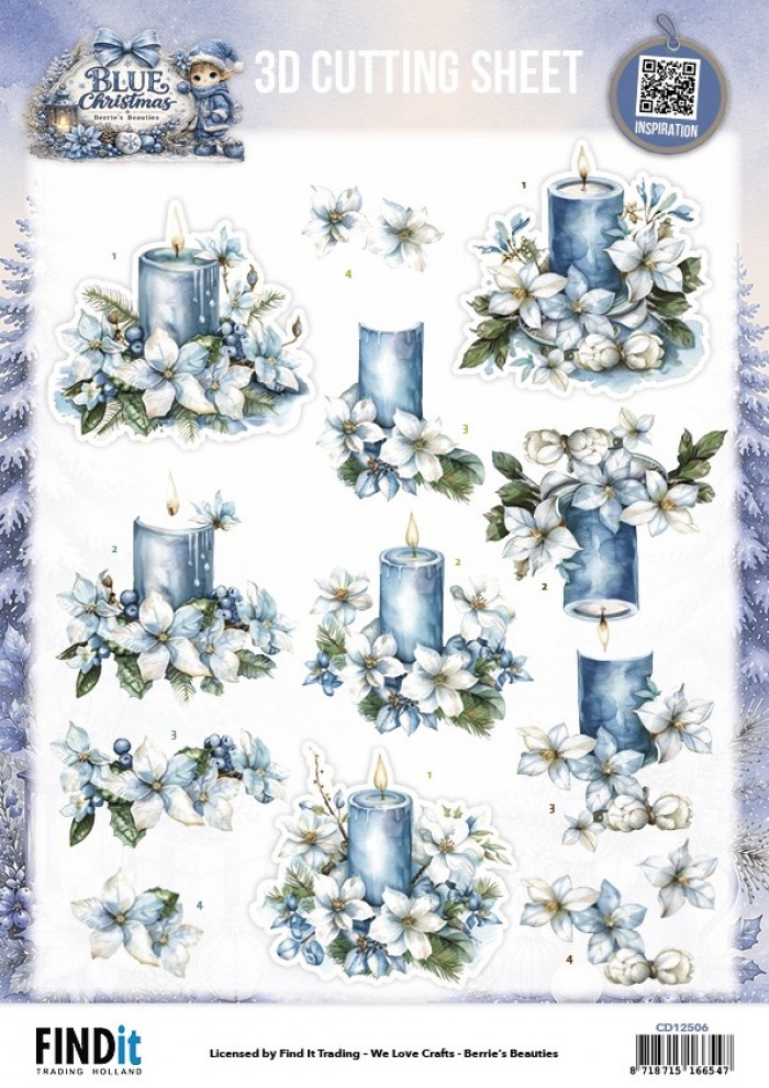 3D Cutting Sheet - Berries Beauties - Blue Christmas - Blue Candles and White Poinsettia