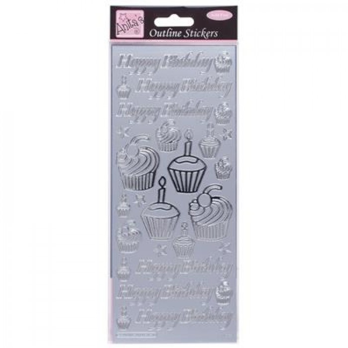 Outline Stickers - Birthday Cupcake - Silver