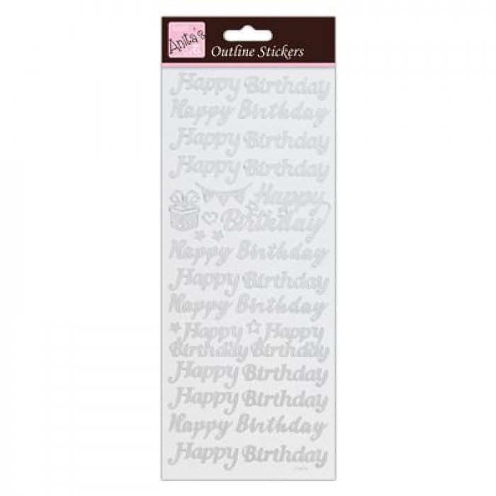 Outline Stickers - Happy Birthday - Silver on White