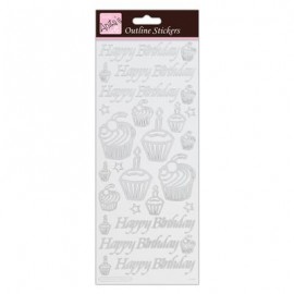 Outline Stickers - Birthday Cupcake - Silver on White