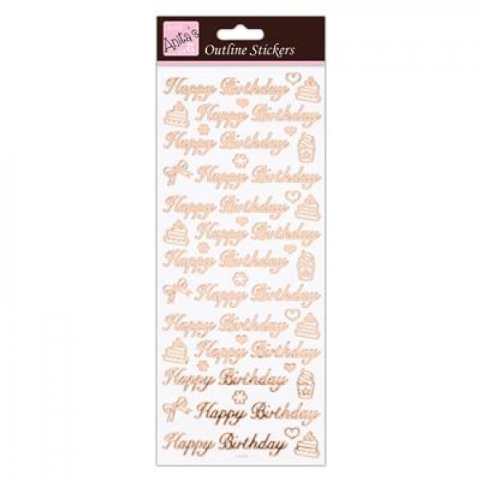 Outline Stickers - Happy Birthday - Rose Gold On White