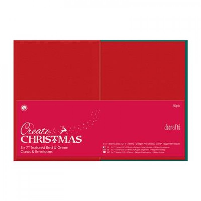 5 x 7 Cards &amp; Envelopes Textured (50pk 240gsm) - Red &amp; Green