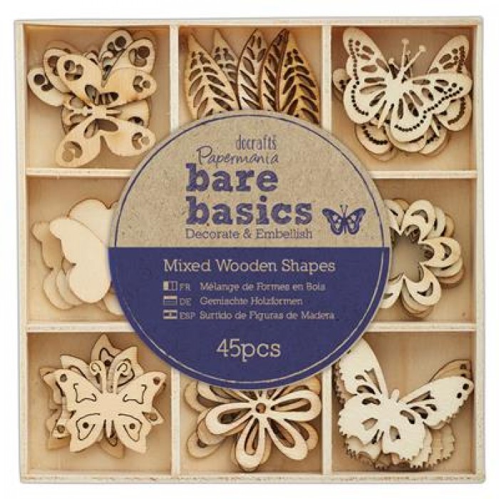 Wooden Shapes (45pcs) - Bare Basics - Flowers &amp; Butterflies