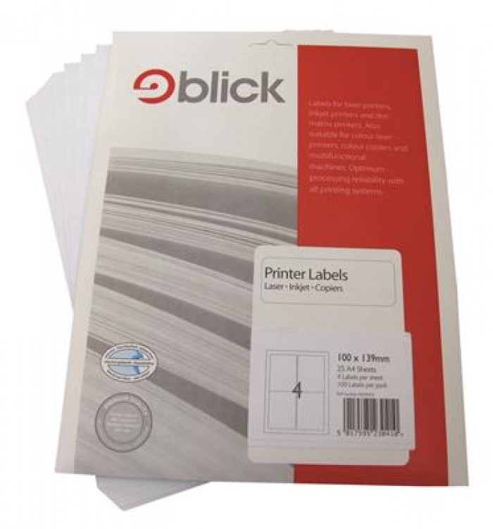 Blick Labels Multi A4 100mm x 139mm 4 Labels Per Sheet 25 Sheets