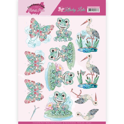 Vlinder, Kikker, Ooievaar - Kitschy Lala Floral Pink - 3D-Knipvel van Yvonne Creations / Card Deco Color Vlinder, Kikker, Ooievaar - Kitschy Lala Floral Pink - 3D-Knipvel van Yvonne Creations / Card Deco Color