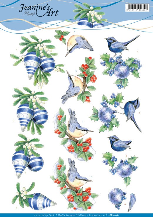 Blauwe vogels en kerstballen 3D-Knipvel van Jeanine's Art Blauwe vogels en kerstballen 3D-Knipvel van Jeanine's Art