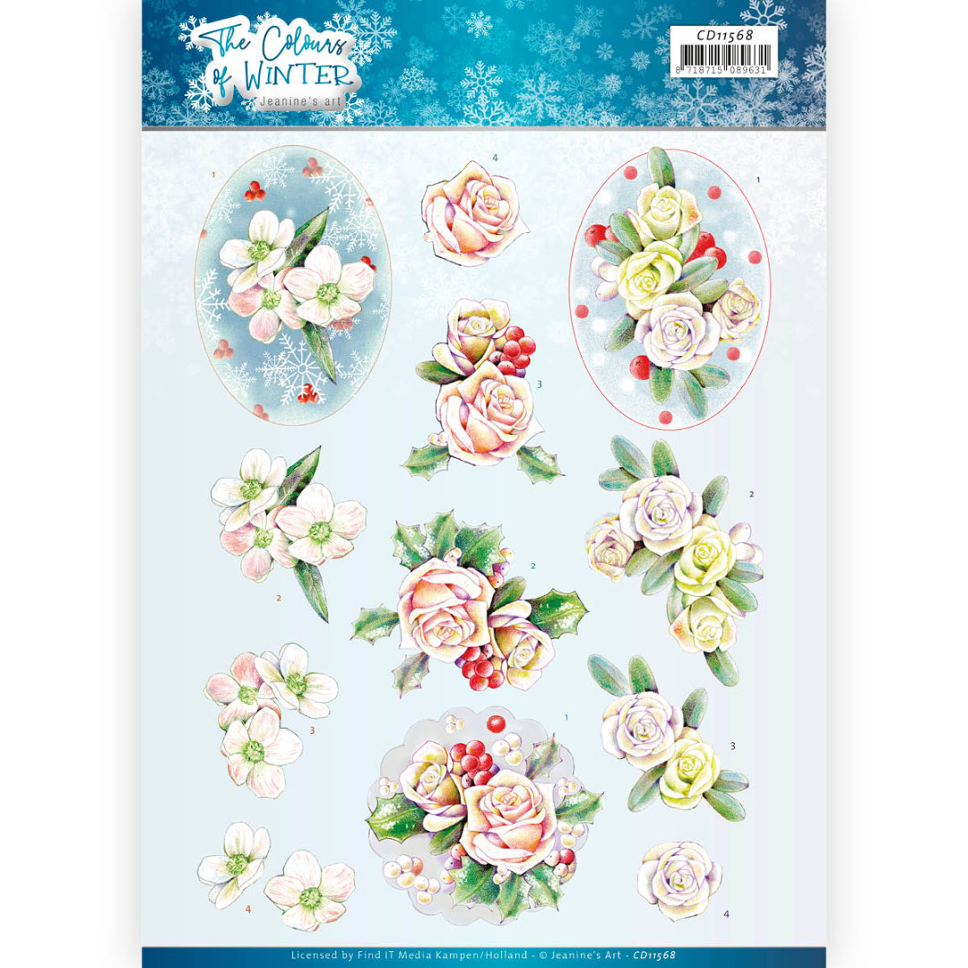Pink Winter Flowers The Colours of Winter 3D cutting sheet by Jeanine's Art