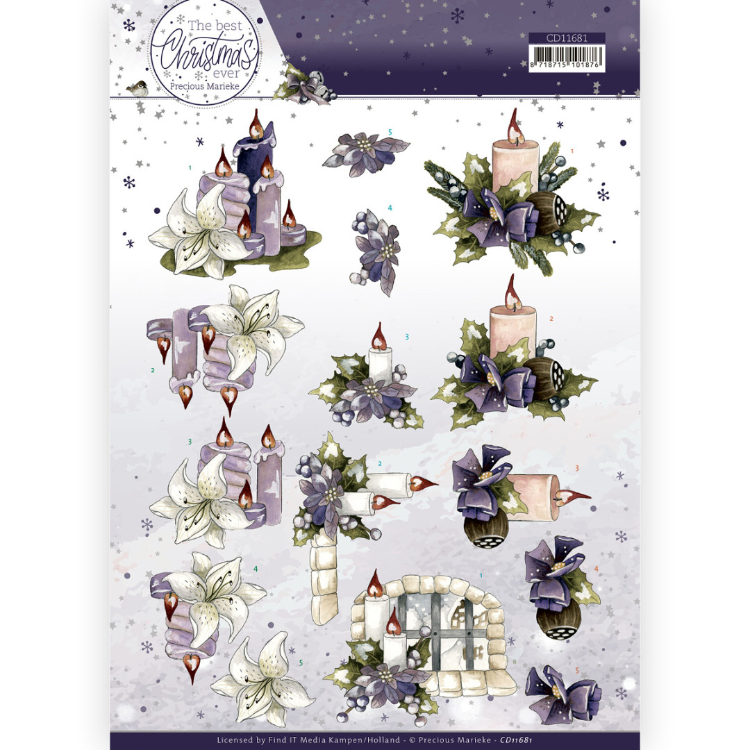 3D Cutting Sheet - Precious Marieke - The Best Christmas Ever - Purple Flowers And Candles 3D Cutting Sheet - Precious Marieke - The Best Christmas Ever - Purple Flowers And Candles