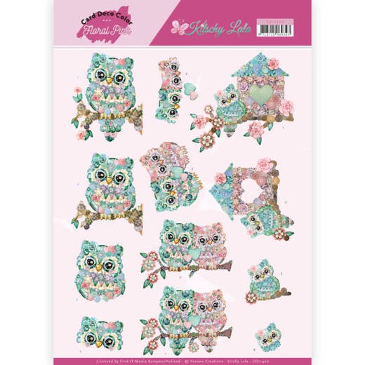 Uilen - Kitschy Lala Floral Pink - 3D-Knipvel van Yvonne Creations / Card Deco Color Uilen - Kitschy Lala Floral Pink - 3D-Knipvel van Yvonne Creations / Card Deco Color