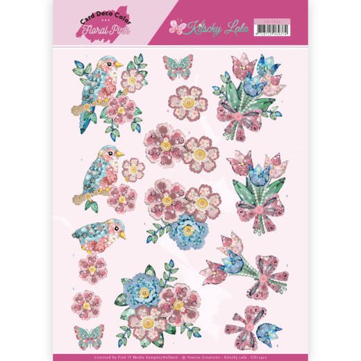 Vogel en bloemen - Kitschy Lala Floral Pink - 3D-Knipvel van Yvonne Creations / Card Deco Color Vogel en bloemen - Kitschy Lala Floral Pink - 3D-Knipvel van Yvonne Creations / Card Deco Color