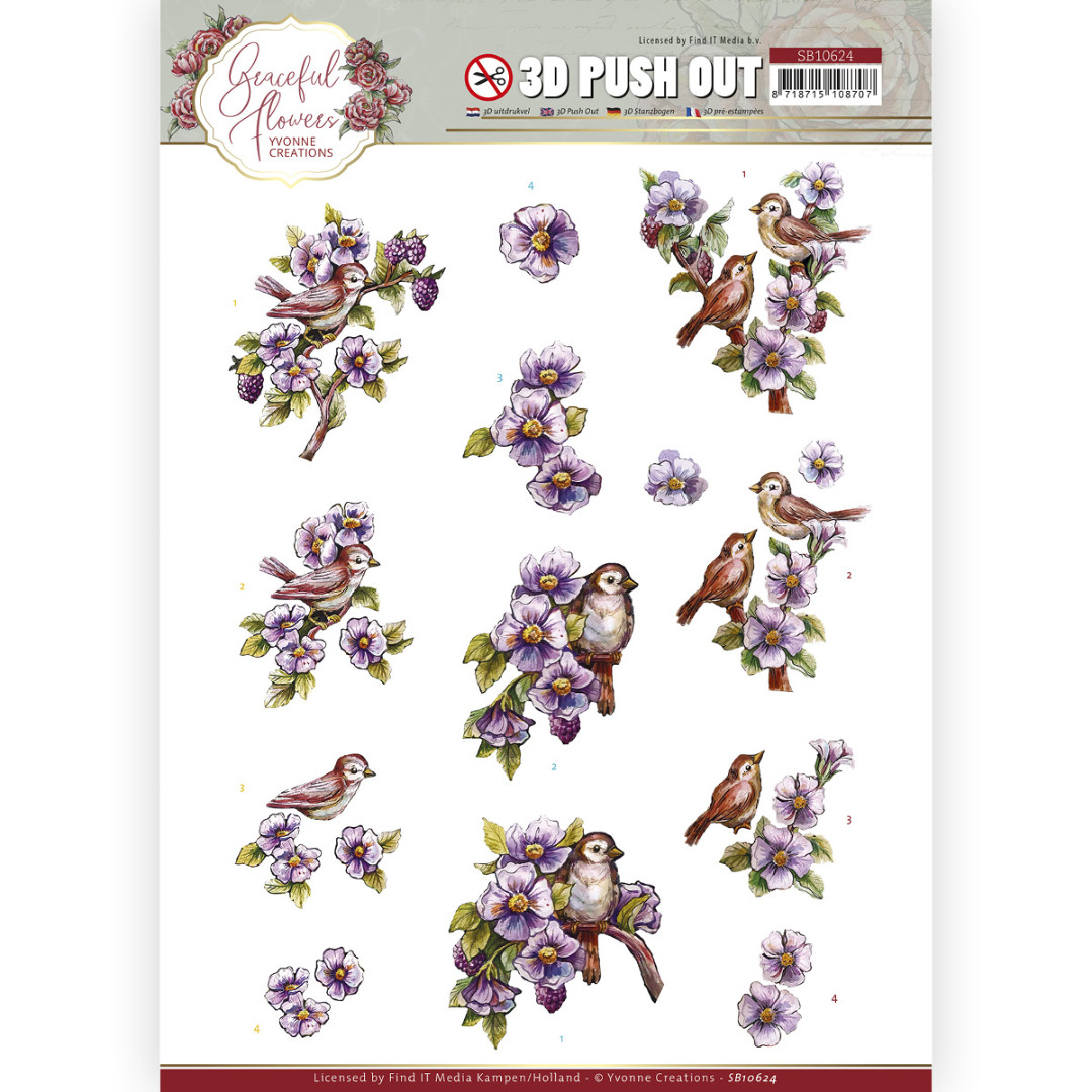 3D Push Out - Yvonne Creations - Graceful Flowers - Birds and Blackberries 3D Push Out - Yvonne Creations - Graceful Flowers - Birds and Blackberries