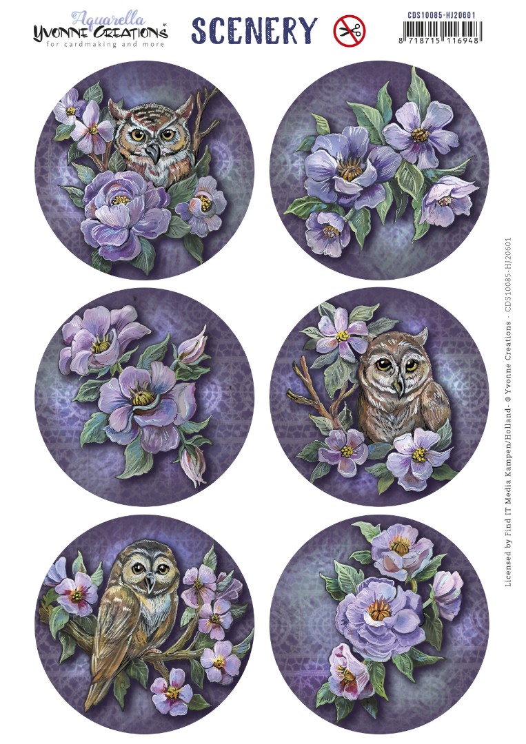 Push Out Scenery - Yvonne Creations - Aquarella - Owls and Flowers Round Push Out Scenery - Yvonne Creations - Aquarella - Owls and Flowers Round