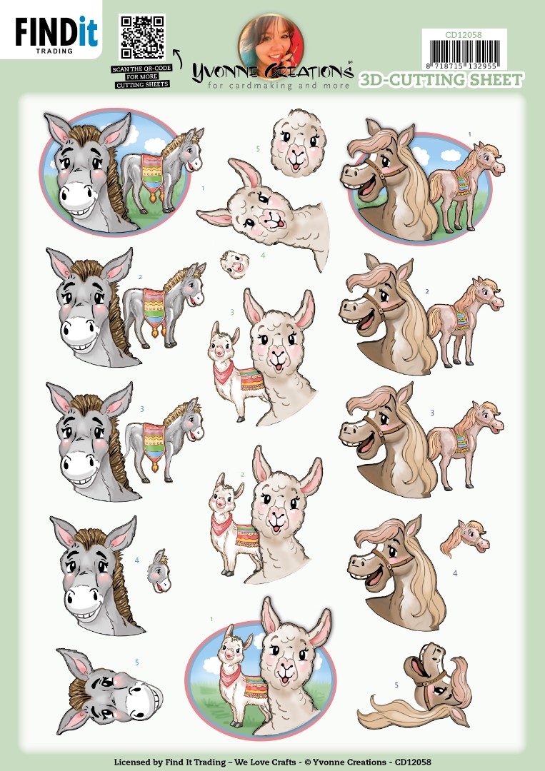 3D Cutting Sheet - Yvonne Creations - Lachende dieren: Ezel, Paard, Lama