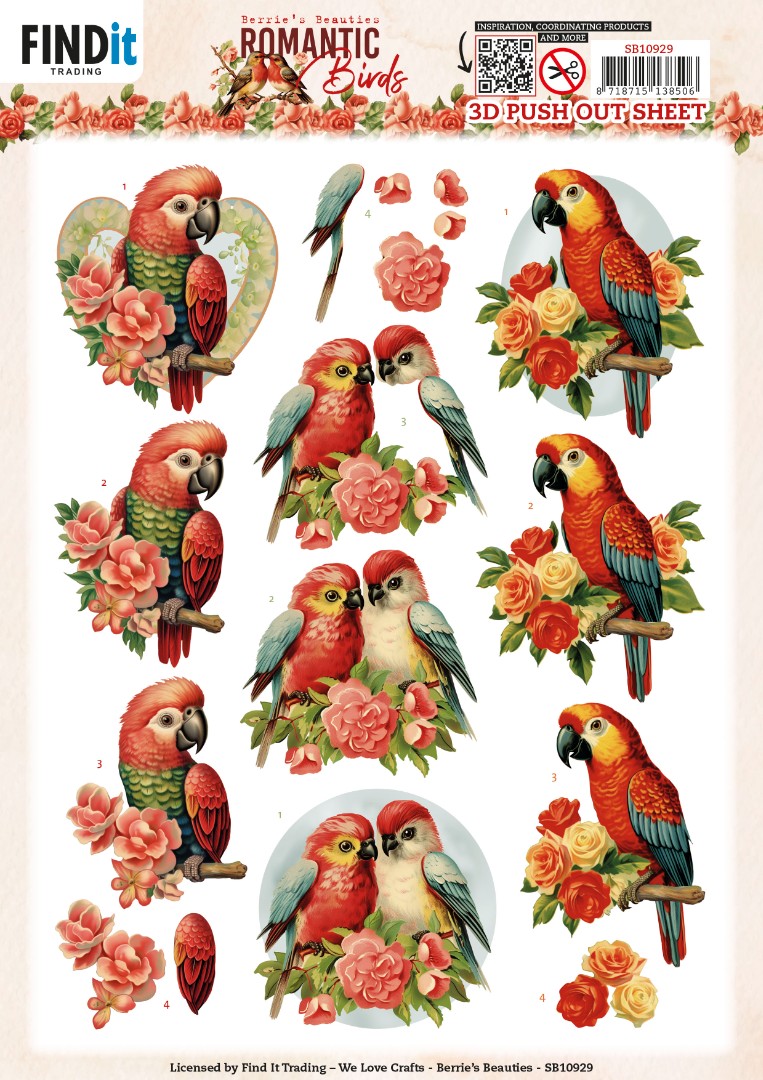 3D Push Out - Berries Beauties - Romantic Birds - Romantic Parrot 3D Push Out - Berries Beauties - Romantic Birds - Romantic Parrot
