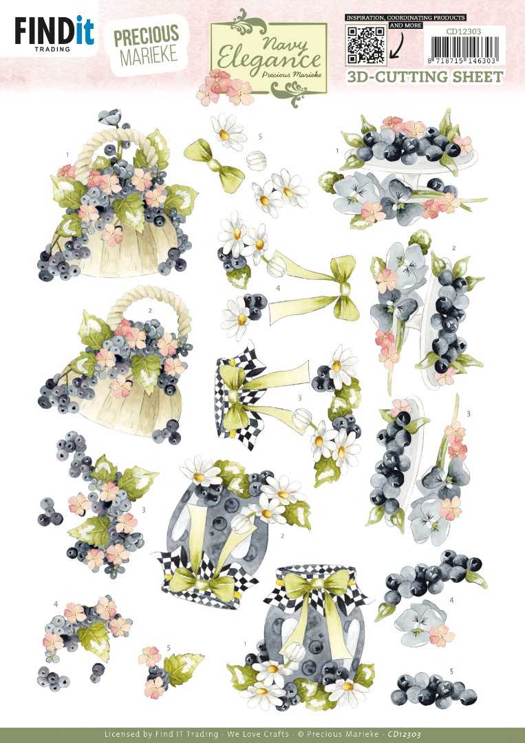 3D Cutting Sheet - Precious Marieke- Navy Elegance - Blueberries