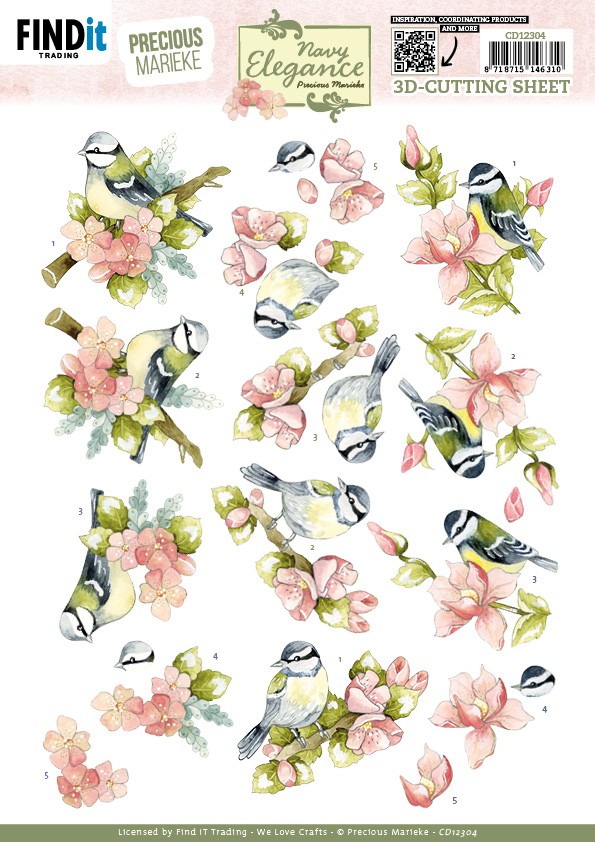 3D Cutting Sheet - Precious Marieke- Navy Elegance - Flower Bird