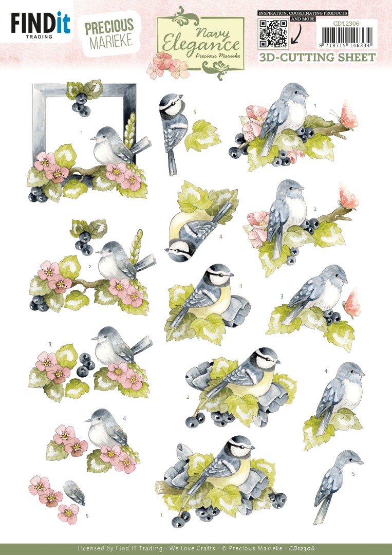 3D Cutting Sheet - Precious Marieke- Navy Elegance - Blue Birds