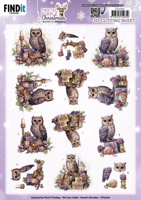 3D Cutting Sheet - Berries Beauties - Pastel Purple Christmas - Owl 3D Cutting Sheet - Berries Beauties - Pastel Purple Christmas - Owl