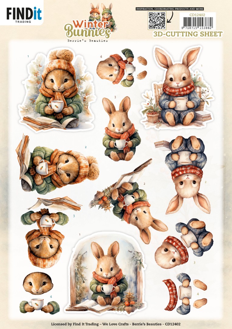 3D Cutting Sheet - Berries Beauties - Winter Bunnies - Drinking Bunnies