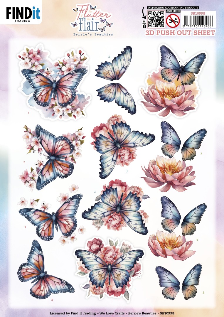 3D Push out Sheet - Berries Beauties - Flutter Flair - Pink Flutters
