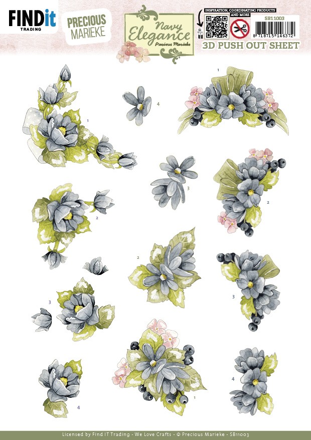 3D Pushout Sheet - Precious Marieke- Navy Elegance - Blue Flowers