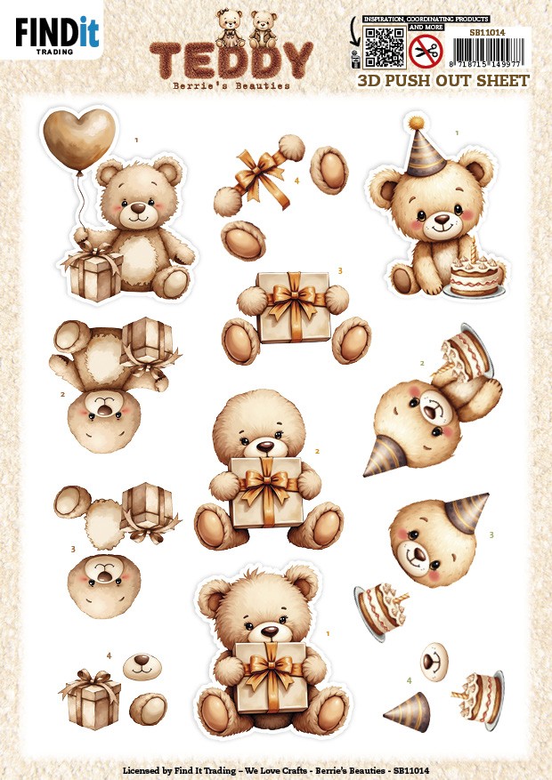 3D Push out Sheet - Berries Beauties - Teddy - Present 3D Push out Sheet - Berries Beauties - Teddy - Present